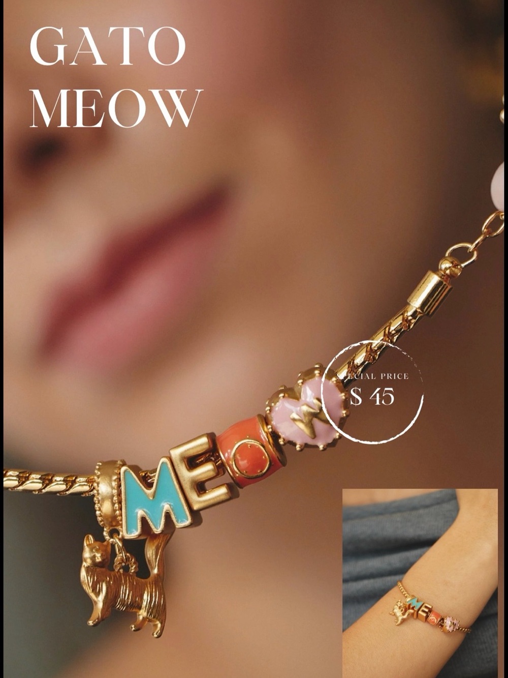 Cat Meow Gold Bracelet with Pink and Turquoise Accents